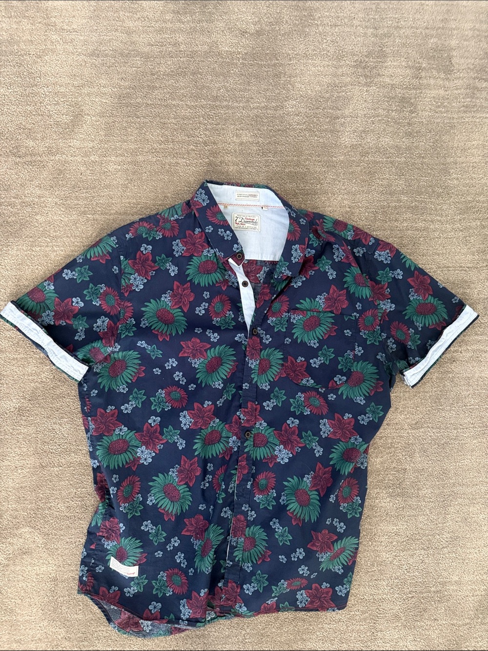 7 Diamonds Floral Short Sleeve Shirt - Navy with Green & Red